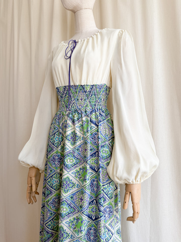 Gorgeous 70s Bohemian Shirred Waist Cotton and Chiffon Maxi Dress