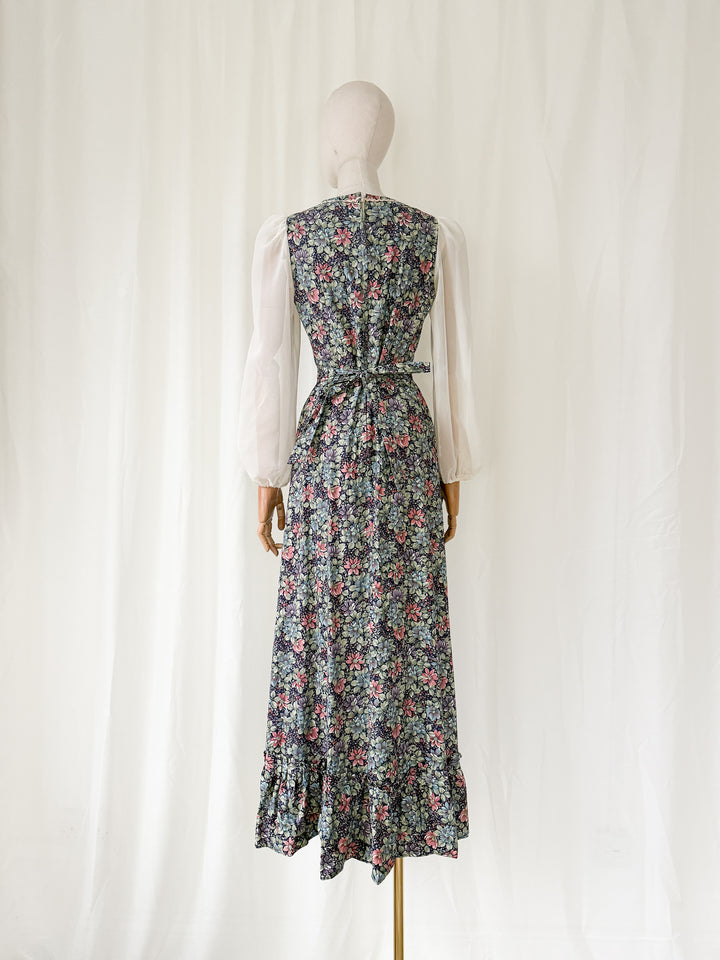 Romantic 70s Floral Cotton Eyelet Bodice Prairie Dress