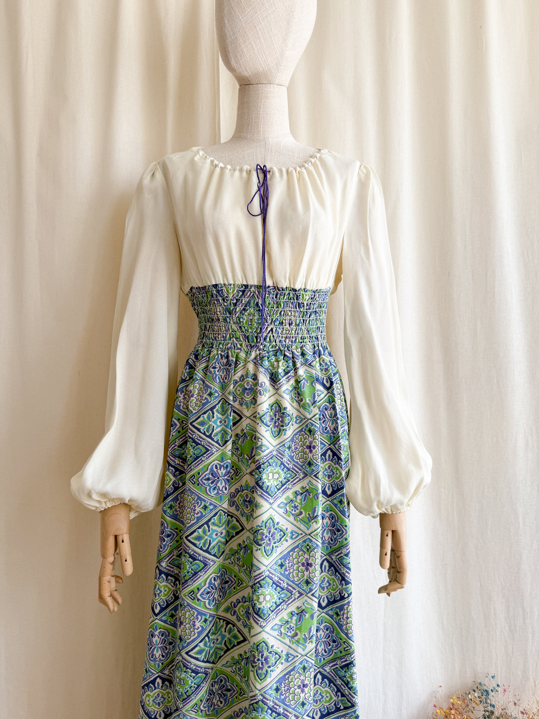 Gorgeous 70s Bohemian Shirred Waist Cotton and Chiffon Maxi Dress