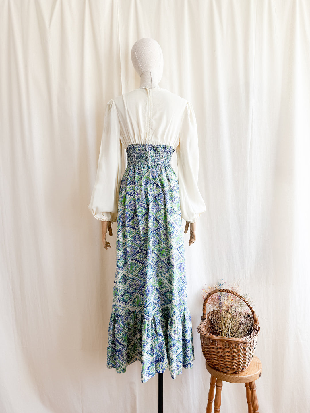 Gorgeous 70s Bohemian Shirred Waist Cotton and Chiffon Maxi Dress