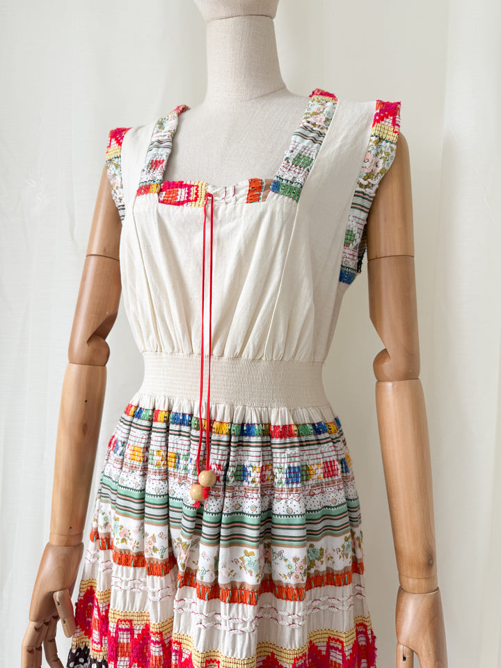 Absolutely INSANE Rare Heavy Calico Cotton Fully Embroidered Patchwork 1970s Maxi Dress by Peggy Page