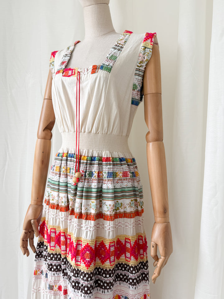 Absolutely INSANE Rare Heavy Calico Cotton Fully Embroidered Patchwork 1970s Maxi Dress by Peggy Page