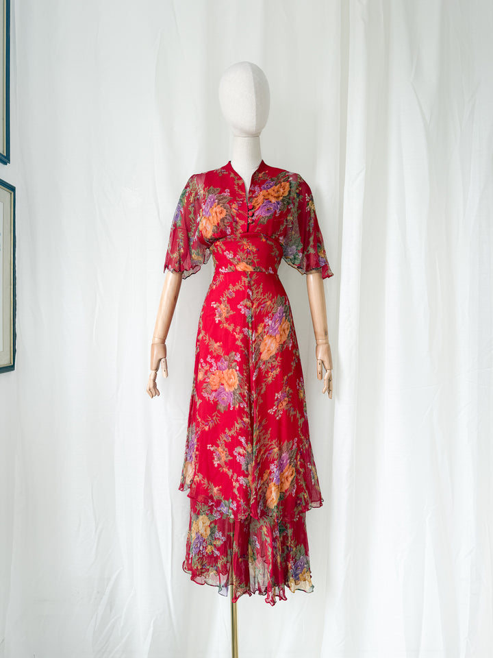 Simply Breathtaking Rare 1970s Floral Chiffon Maxi Dress by Mushroom