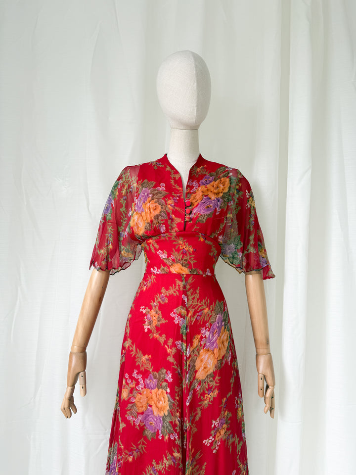Simply Breathtaking Rare 1970s Floral Chiffon Maxi Dress by Mushroom