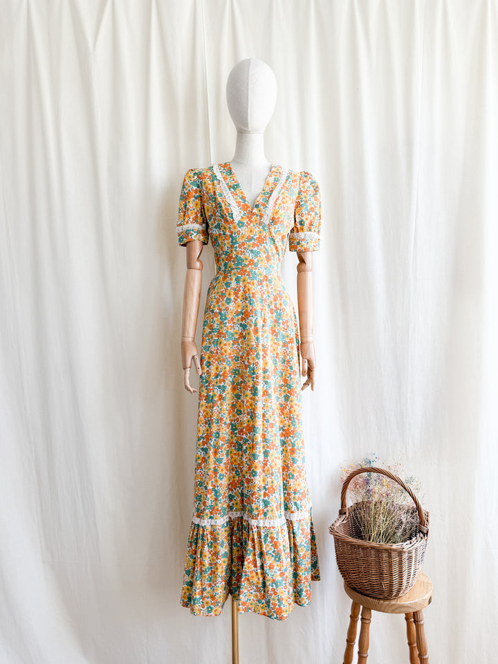 Stunning 70s Bohemian Floral Cotton Lace Trimmed Maxi Dress