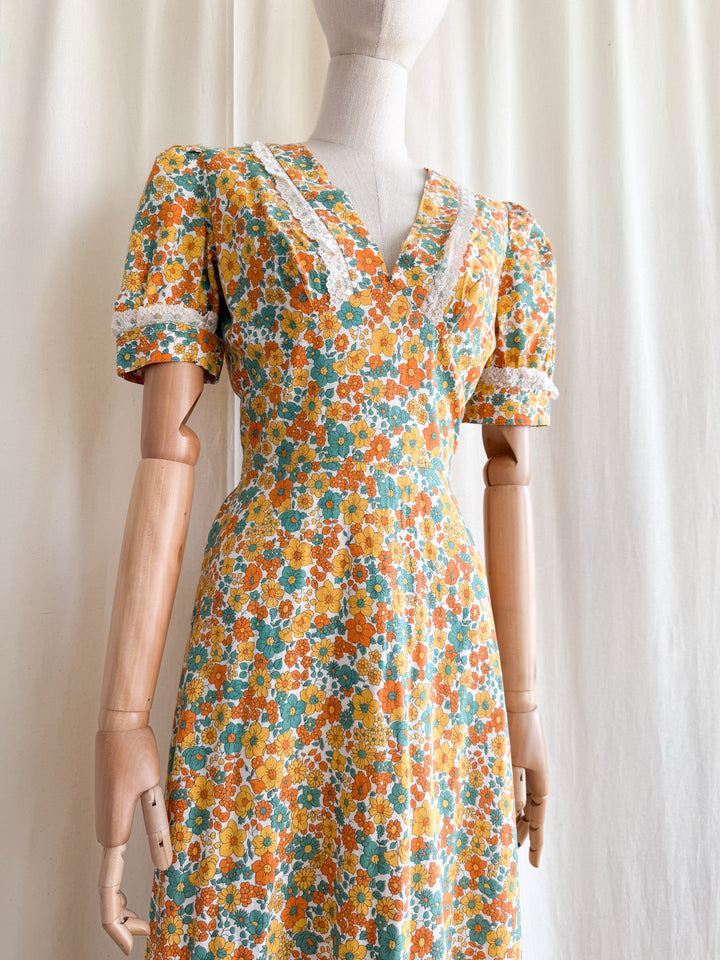 Stunning 70s Bohemian Floral Cotton Lace Trimmed Maxi Dress