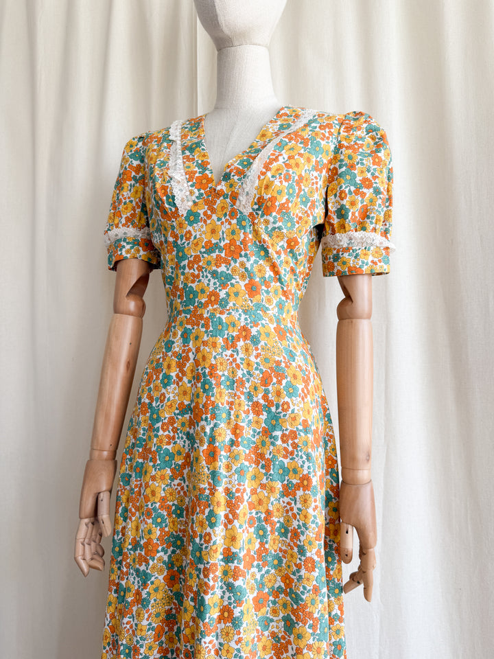 Stunning 70s Bohemian Floral Cotton Lace Trimmed Maxi Dress