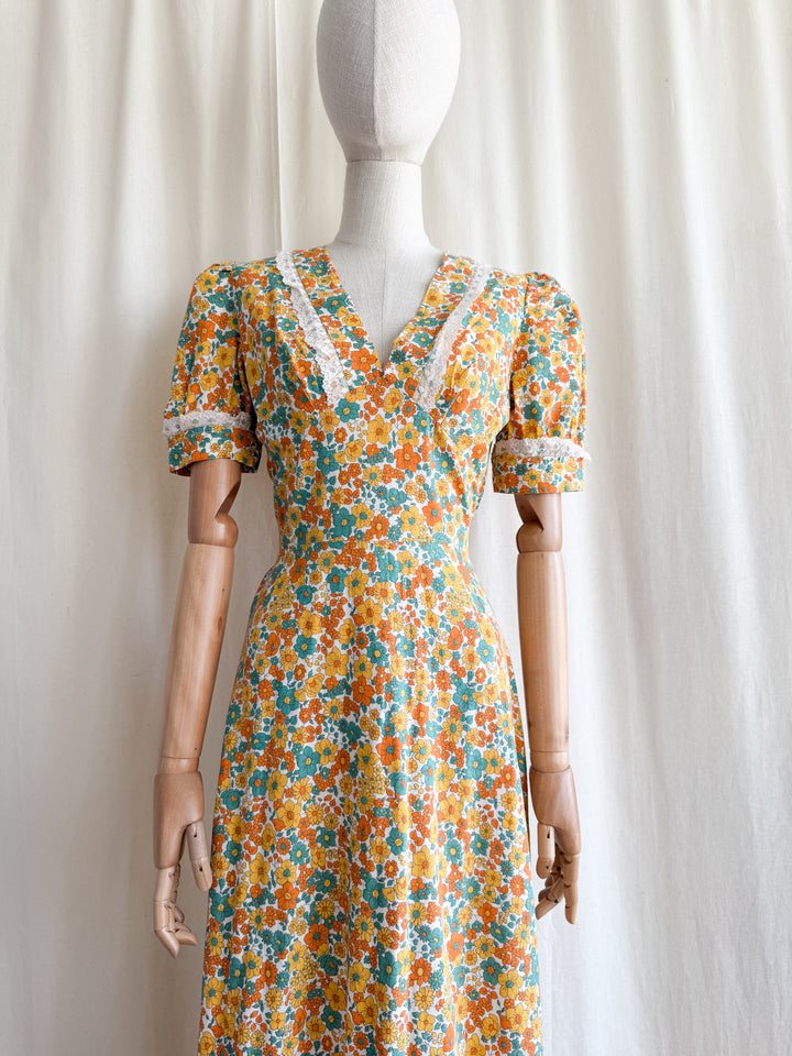 Stunning 70s Bohemian Floral Cotton Lace Trimmed Maxi Dress