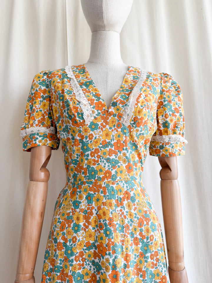 Stunning 70s Bohemian Floral Cotton Lace Trimmed Maxi Dress