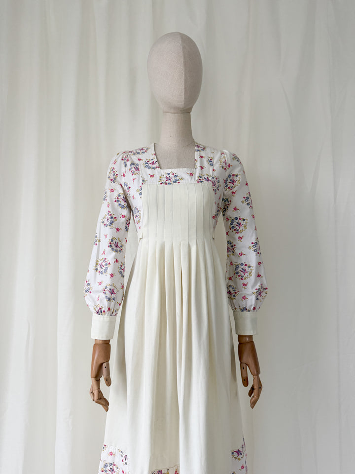 Gorgeous 1970s Jon Adam Off White Floral Cotton Prairie Dress