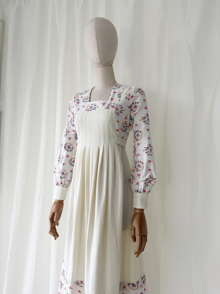 Gorgeous 1970s Jon Adam Off White Floral Cotton Prairie Dress