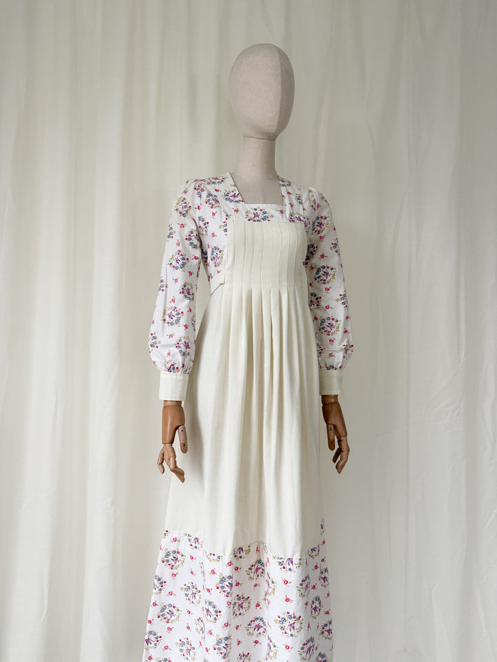 Gorgeous 1970s Jon Adam Off White Floral Cotton Prairie Dress
