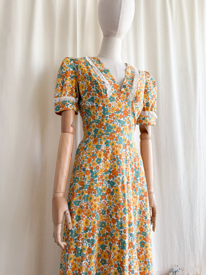 Stunning 70s Bohemian Floral Cotton Lace Trimmed Maxi Dress