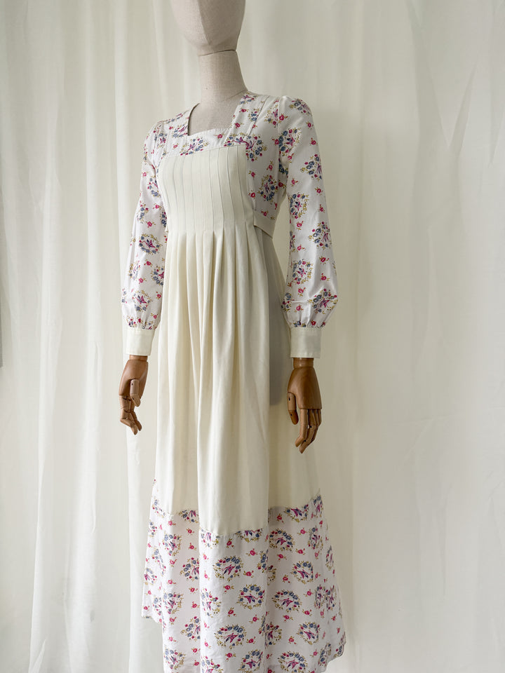 Gorgeous 1970s Jon Adam Off White Floral Cotton Prairie Dress