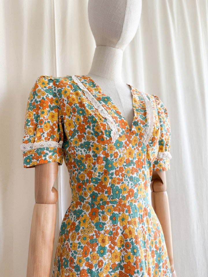 Stunning 70s Bohemian Floral Cotton Lace Trimmed Maxi Dress