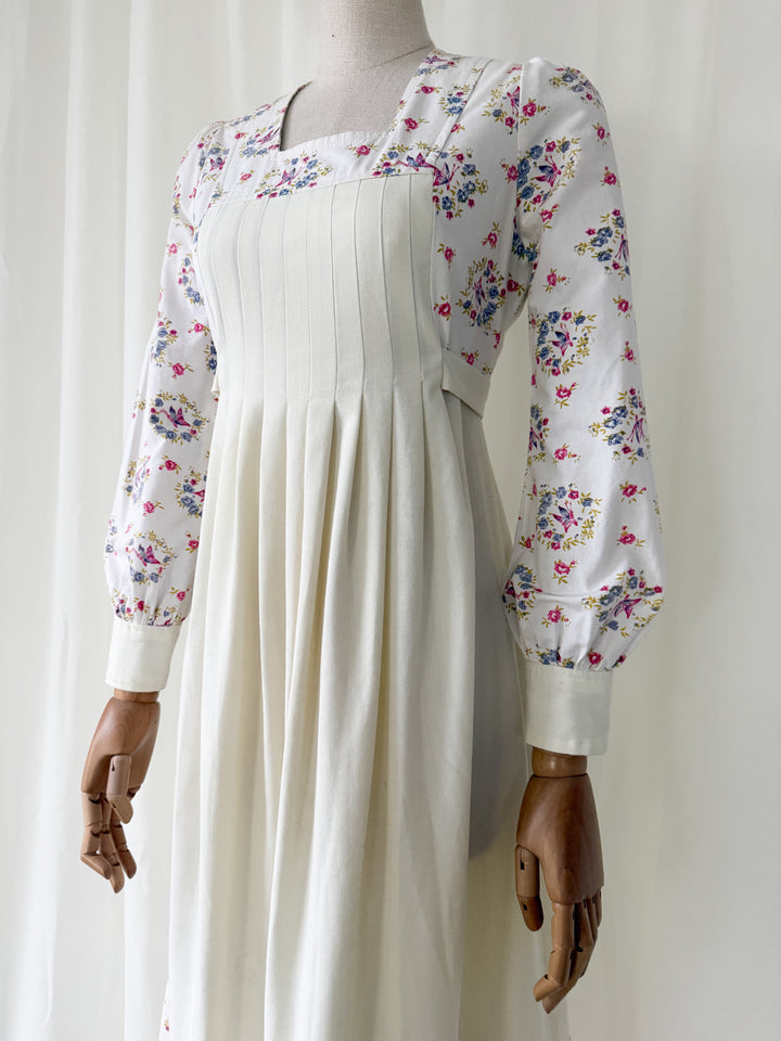 Gorgeous 1970s Jon Adam Off White Floral Cotton Prairie Dress