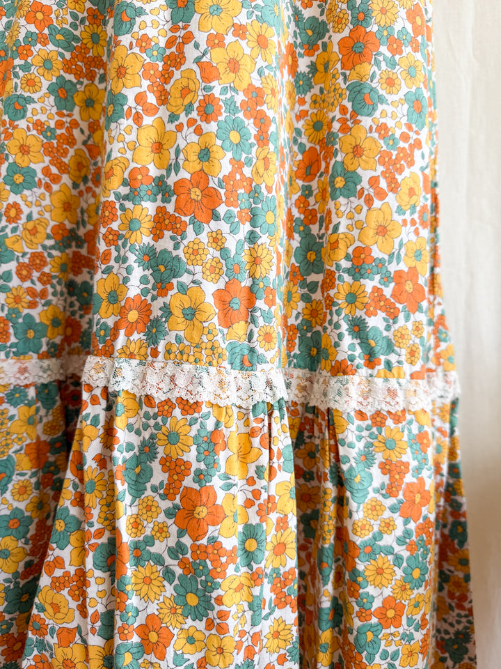 Stunning 70s Bohemian Floral Cotton Lace Trimmed Maxi Dress
