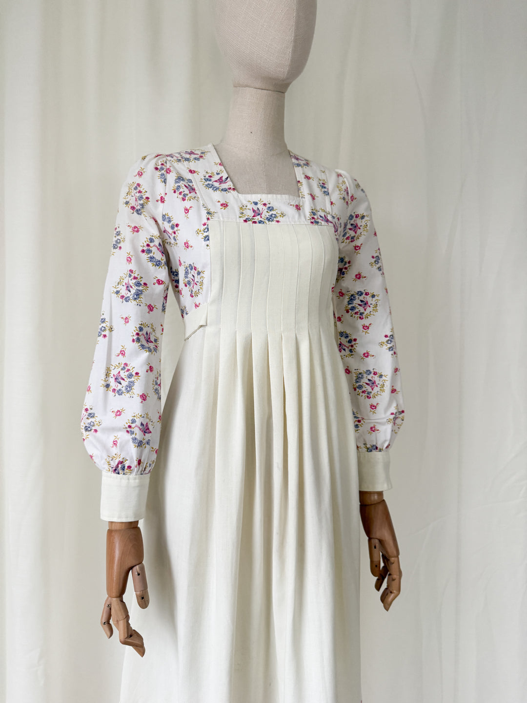 Gorgeous 1970s Jon Adam Off White Floral Cotton Prairie Dress