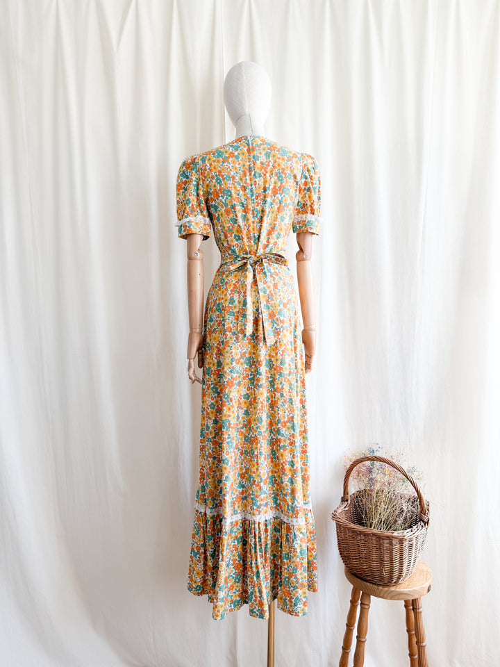 Stunning 70s Bohemian Floral Cotton Lace Trimmed Maxi Dress