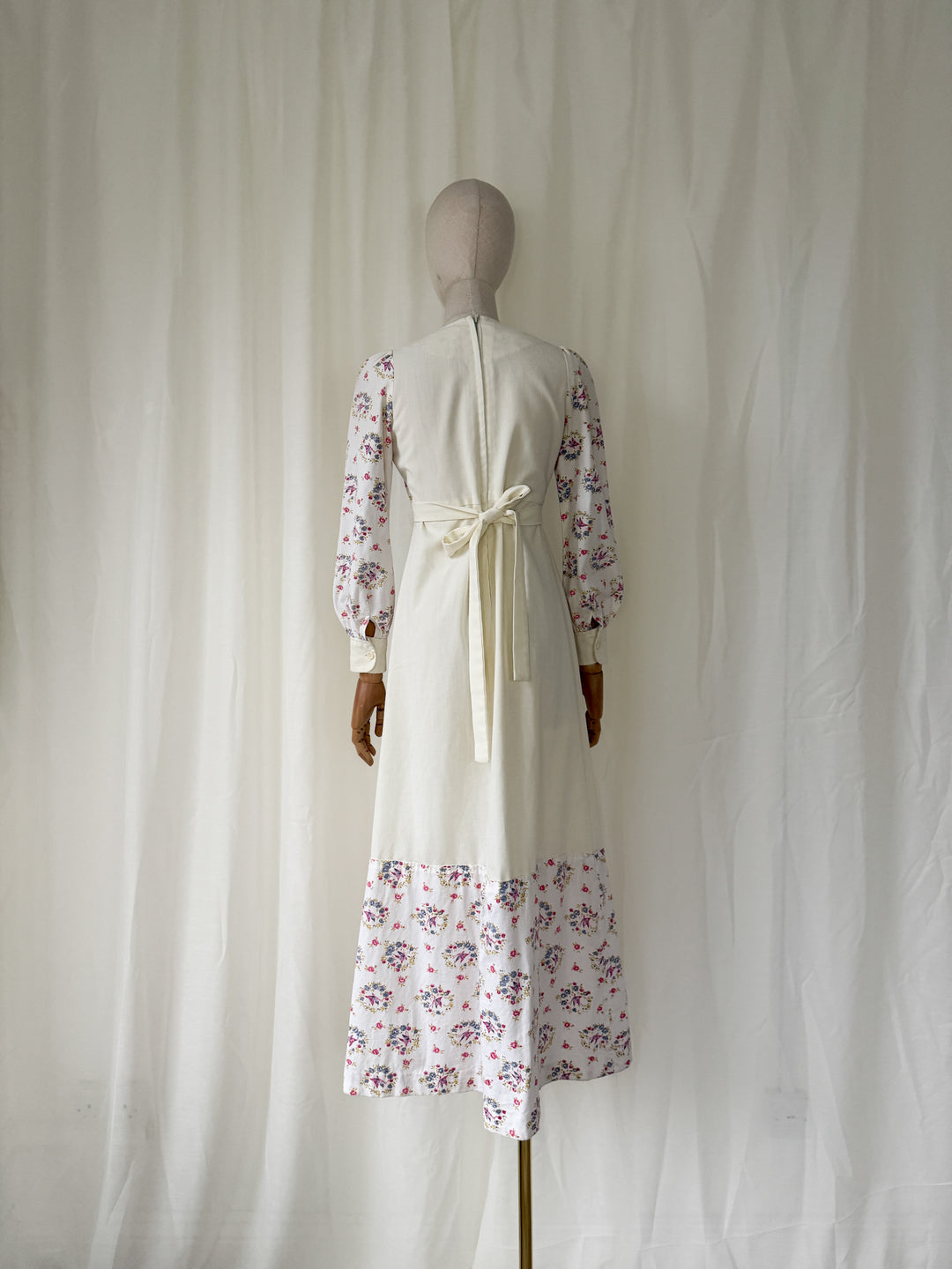 Gorgeous 1970s Jon Adam Off White Floral Cotton Prairie Dress