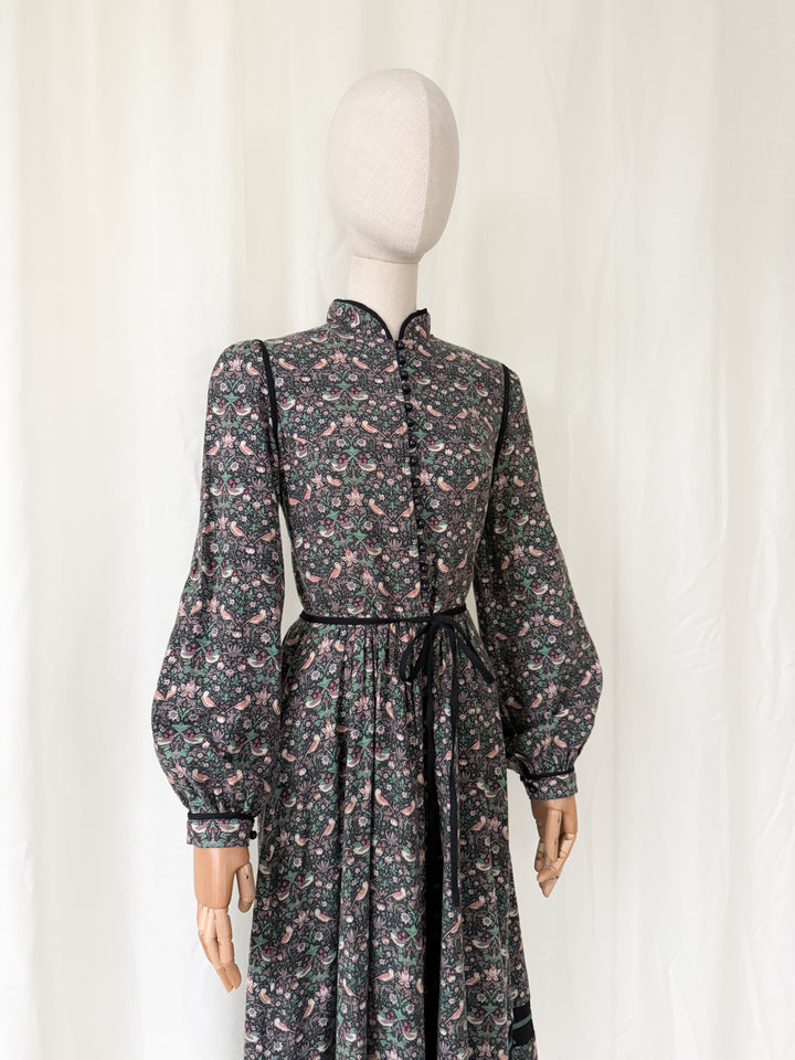 Precious Rare 1970s Origin Liberty William Morris Strawberry Thief Wool Blend Midi Dress
