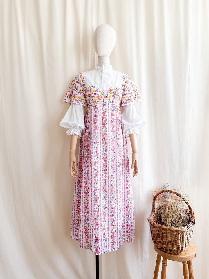 Magical 1970s Layered Sleeve Floral Cotton Maxi Dress
