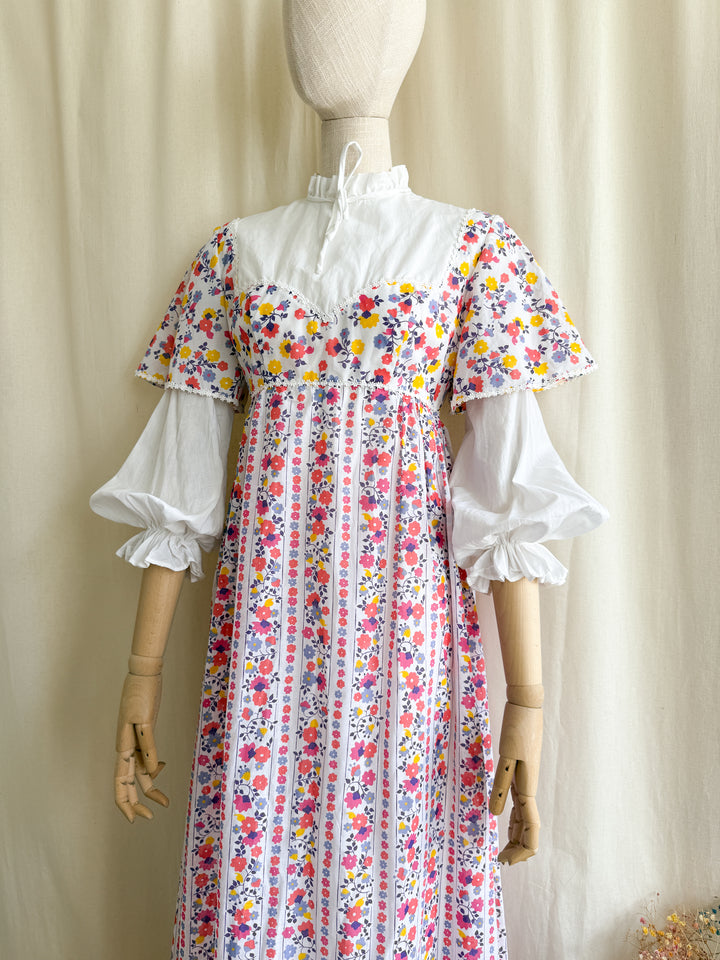Magical 1970s Layered Sleeve Floral Cotton Maxi Dress