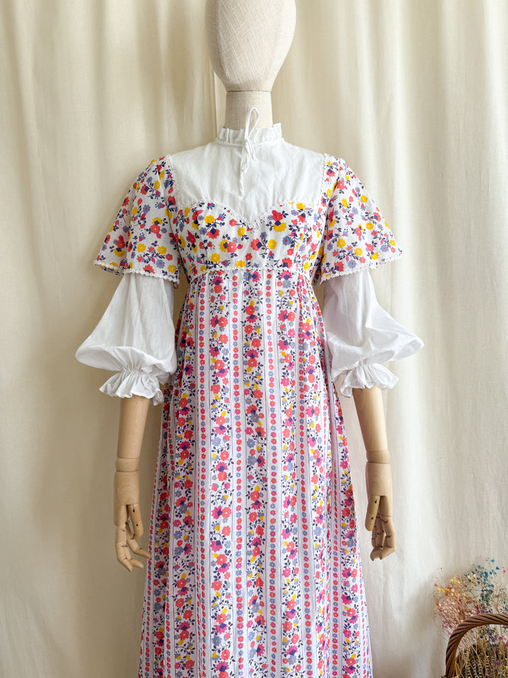 Magical 1970s Layered Sleeve Floral Cotton Maxi Dress