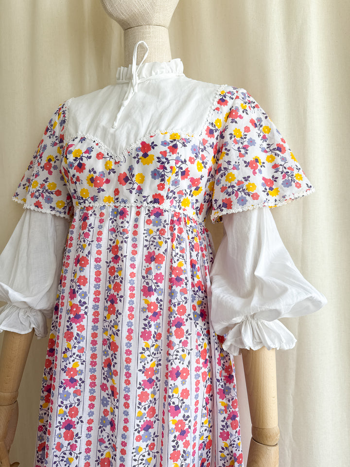 Magical 1970s Layered Sleeve Floral Cotton Maxi Dress
