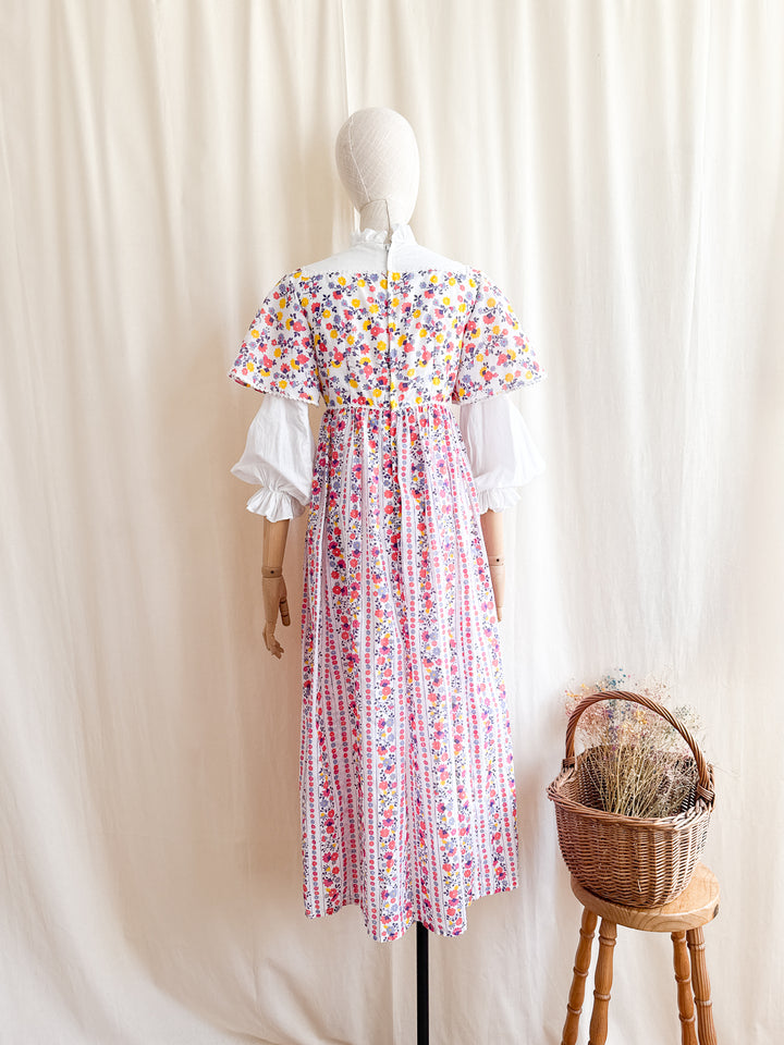 Magical 1970s Layered Sleeve Floral Cotton Maxi Dress