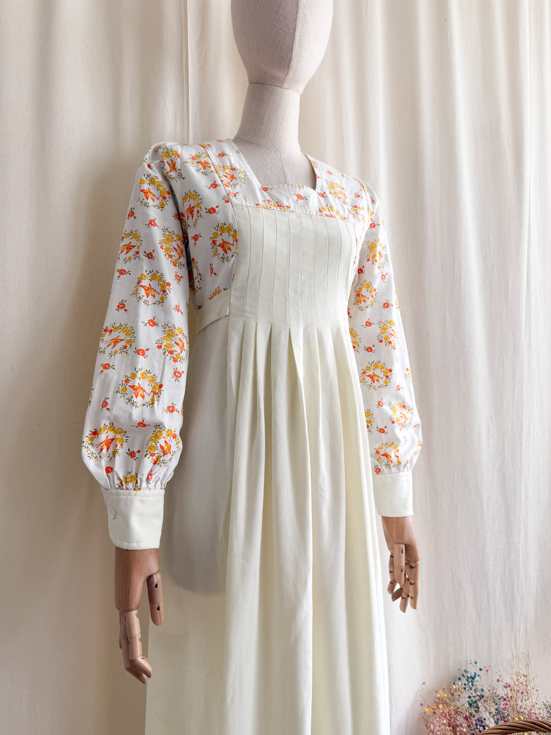 Divine Rare 1970s Cotton Floral Pintuck Bodice Maxi Dress by Jon Adam