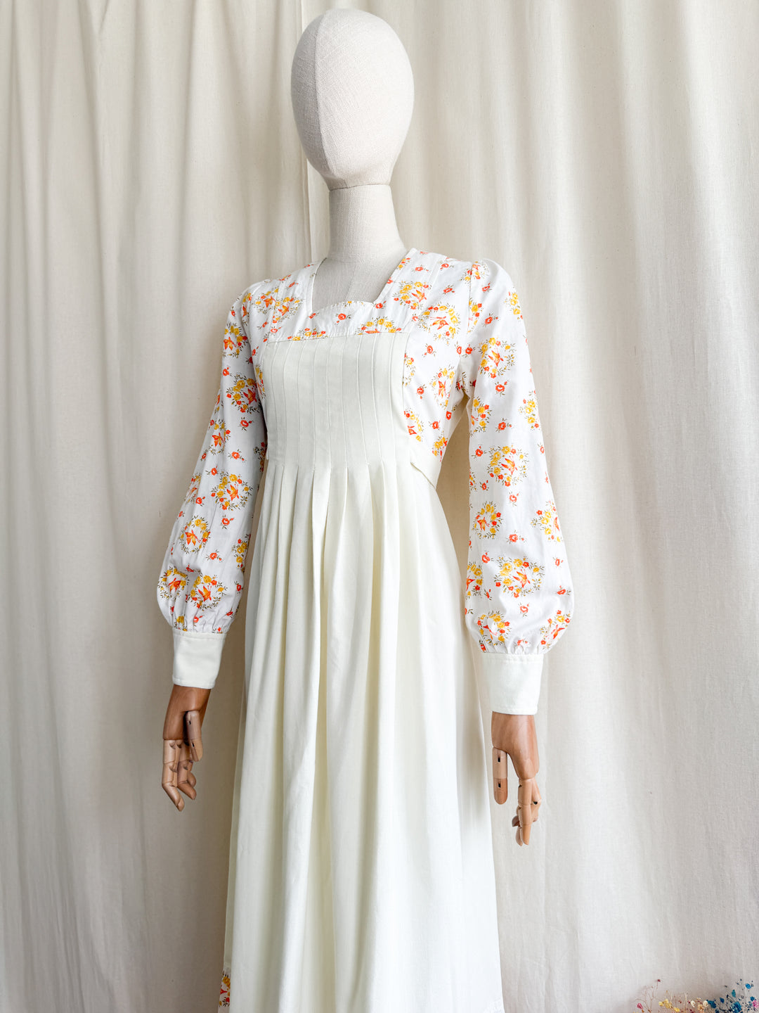 Divine Rare 1970s Cotton Floral Pintuck Bodice Maxi Dress by Jon Adam