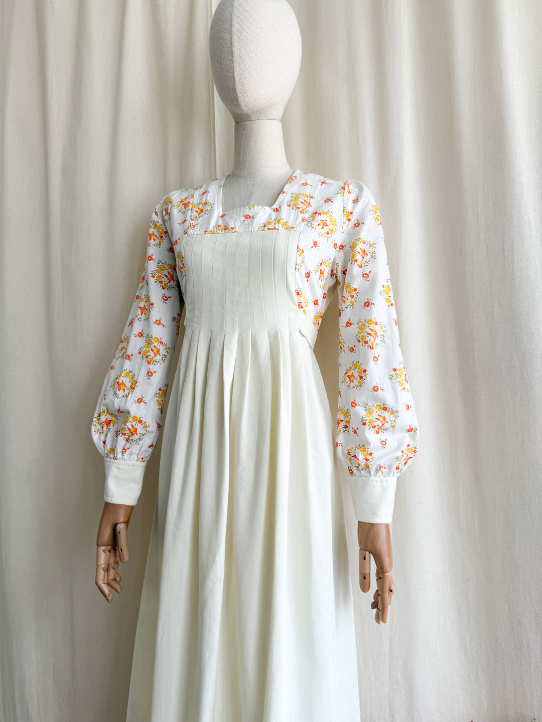 Divine Rare 1970s Cotton Floral Pintuck Bodice Maxi Dress by Jon Adam
