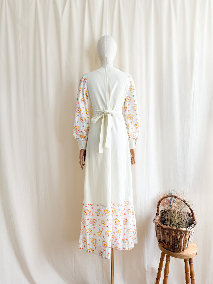 Divine Rare 1970s Cotton Floral Pintuck Bodice Maxi Dress by Jon Adam