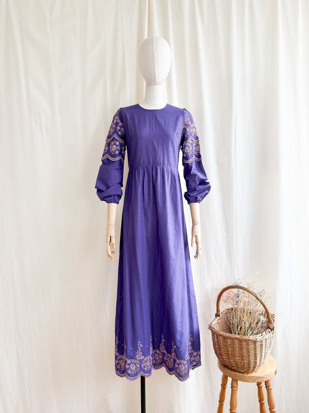 Beautiful 70s Purple Embroidered Bohemian Cotton Maxi Dress The Pansy Garden Beautiful 70s Purple Embroidered Bohemian Cotton Maxi Dress The Pansy Garden