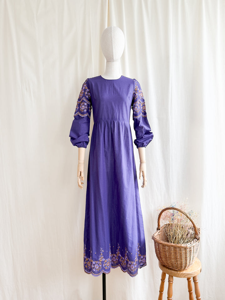 Beautiful 70s Purple Embroidered Bohemian Cotton Maxi Dress