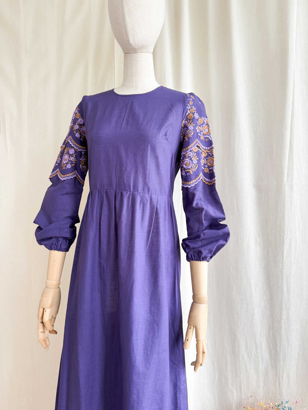 Beautiful 70s Purple Embroidered Bohemian Cotton Maxi Dress