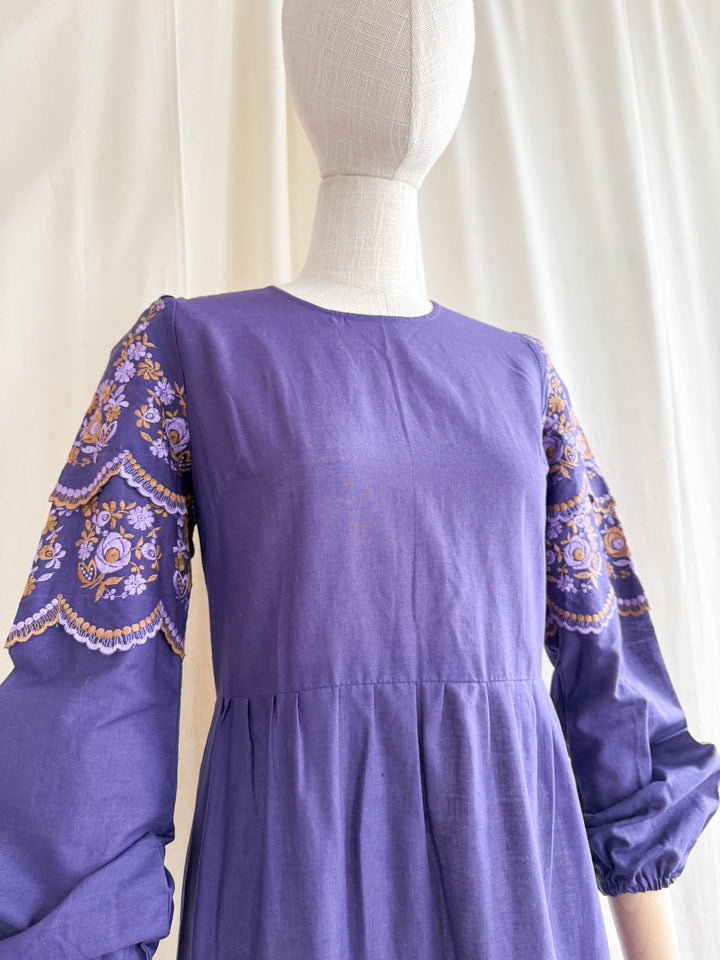 Beautiful 70s Purple Embroidered Bohemian Cotton Maxi Dress