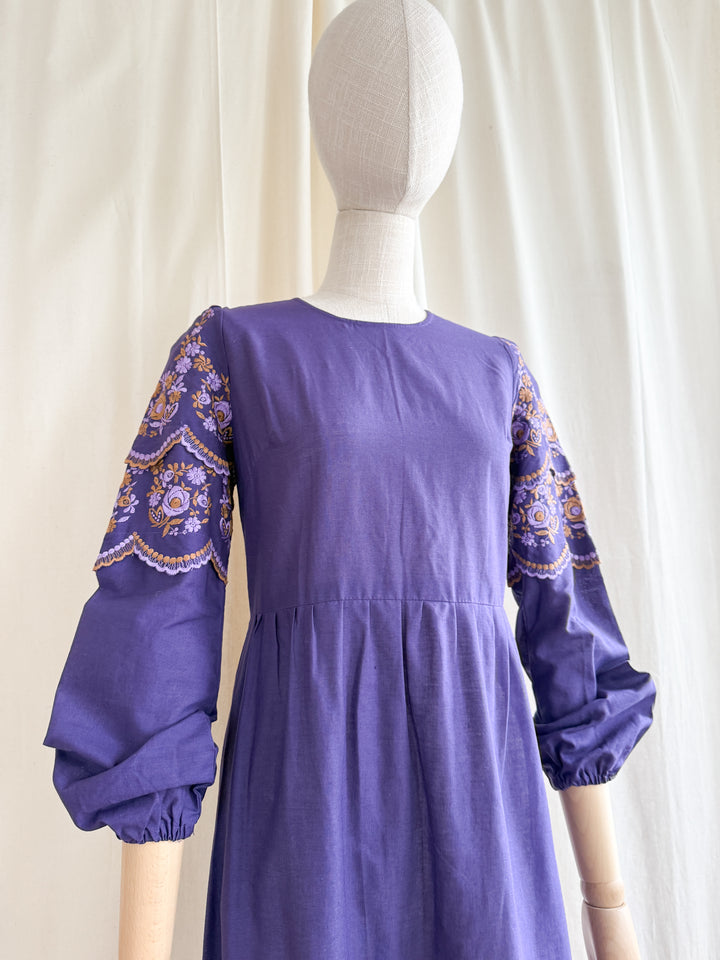 Beautiful 70s Purple Embroidered Bohemian Cotton Maxi Dress