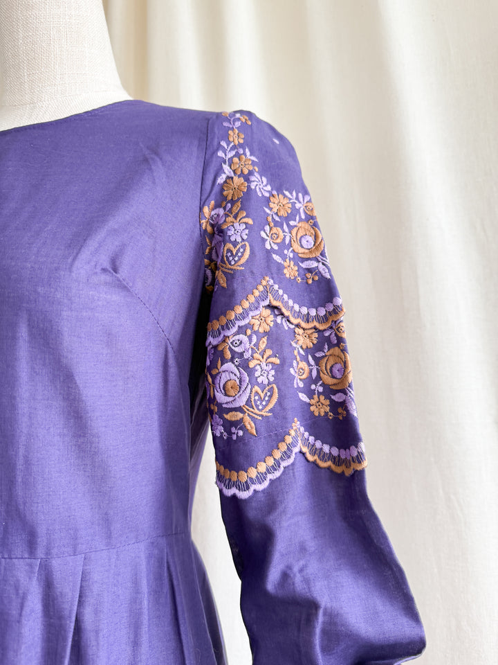 Beautiful 70s Purple Embroidered Bohemian Cotton Maxi Dress