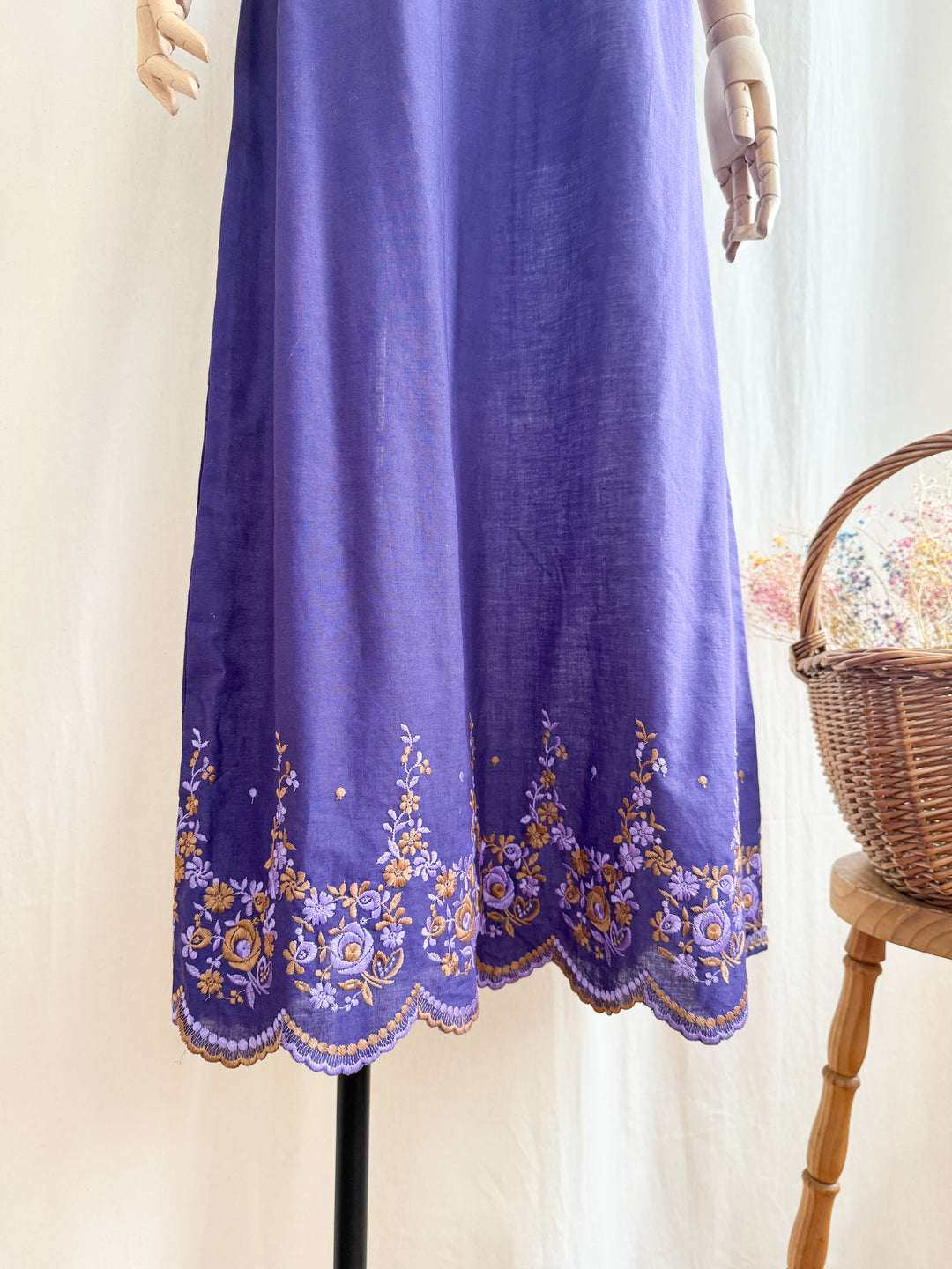 Beautiful 70s Purple Embroidered Bohemian Cotton Maxi Dress