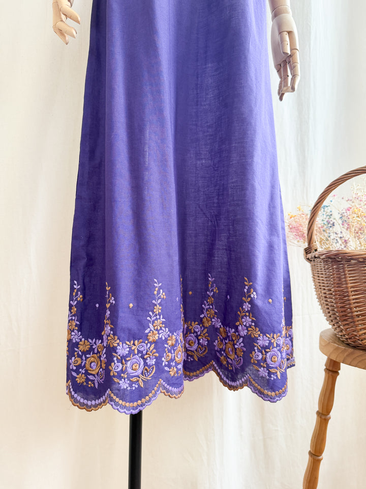 Beautiful 70s Purple Embroidered Bohemian Cotton Maxi Dress