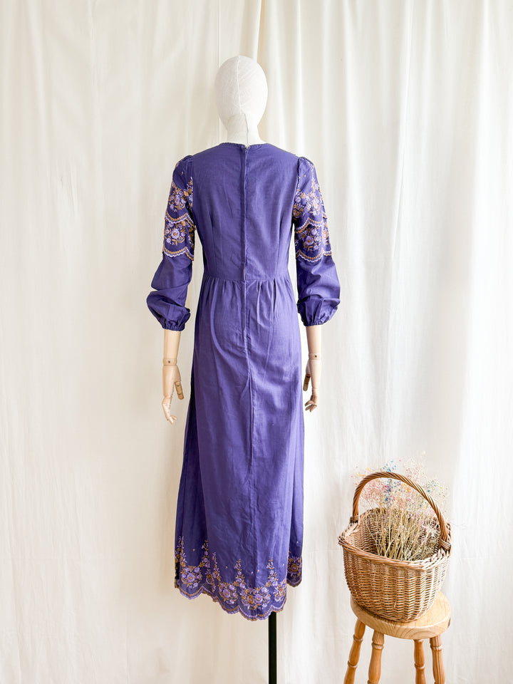 Beautiful 70s Purple Embroidered Bohemian Cotton Maxi Dress