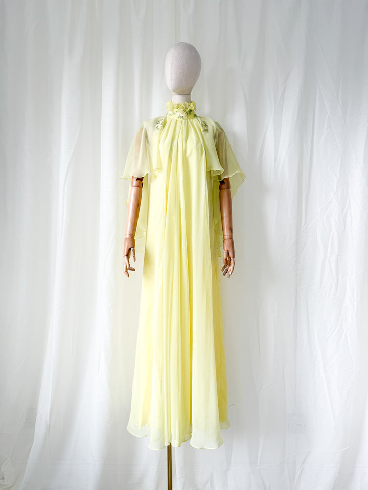 Insane Holy Grail Rare 1970s Jean Varon Soft Lemon Chiffon Maxi Dress