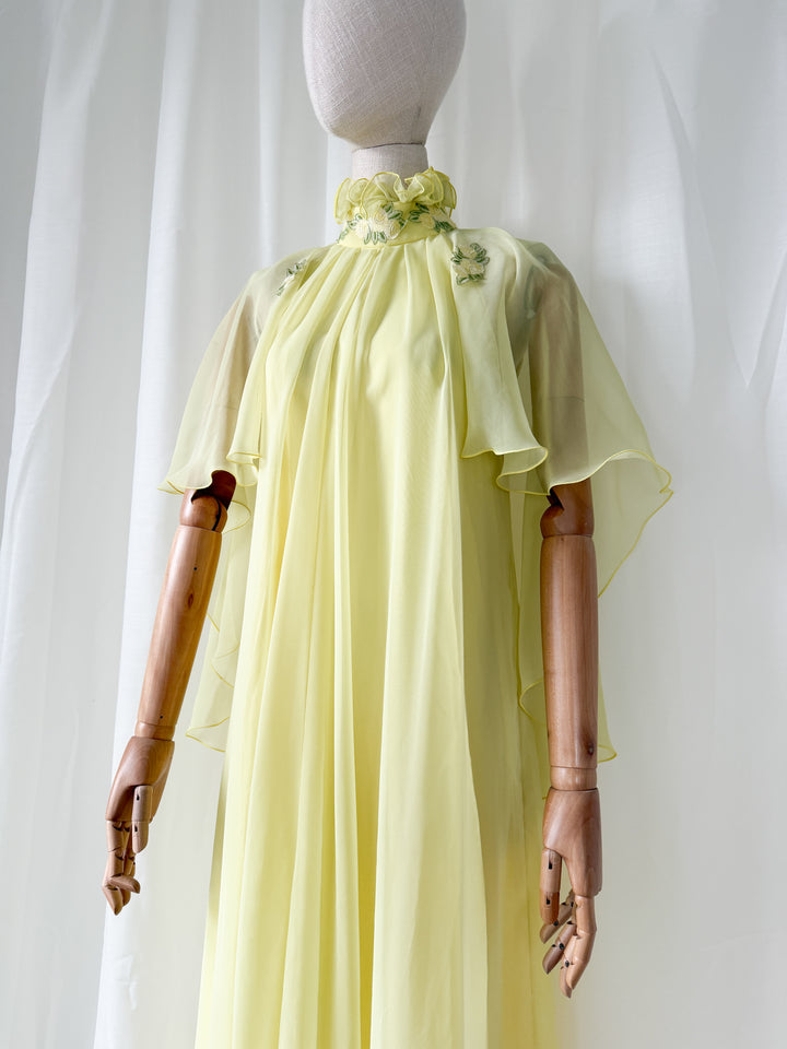 Insane Holy Grail Rare 1970s Jean Varon Soft Lemon Chiffon Maxi Dress