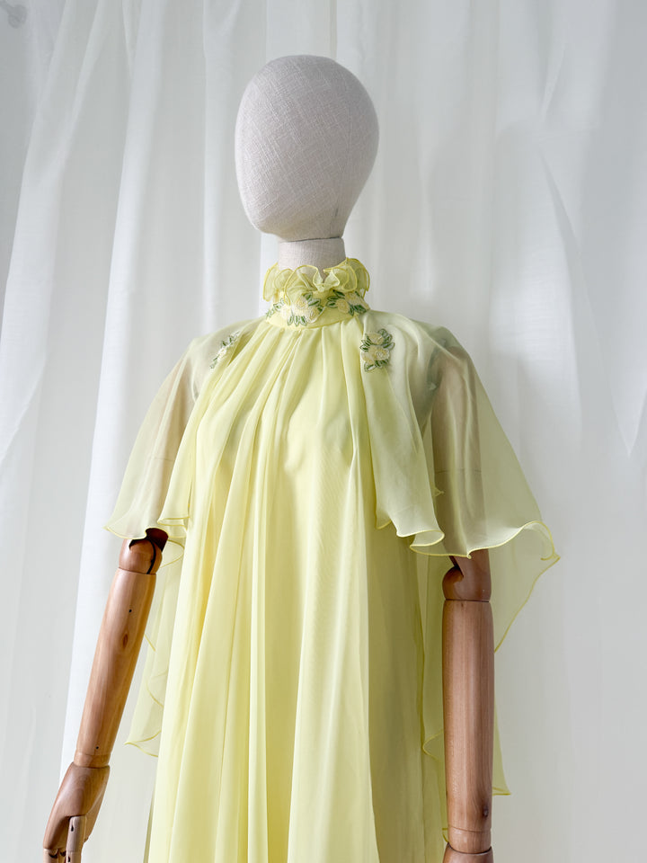 Insane Holy Grail Rare 1970s Jean Varon Soft Lemon Chiffon Maxi Dress